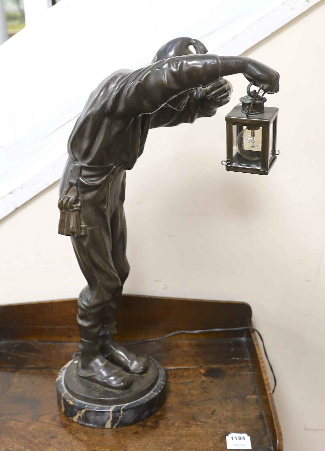 Franz Bernauer, bronze figural lamp, The Nightwatchman, 66cm high